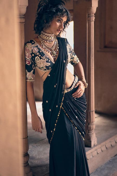 Buy_Paulmi And Harsh_Black Georgette, Crepe, Chanderi Sequins, Hand Pre-draped Saree And Blouse Set _Online_at_Aza_Fashions