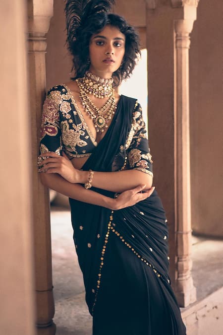 Shop_Paulmi And Harsh_Black Georgette, Crepe, Chanderi Sequins, Hand Pre-draped Saree And Blouse Set _Online_at_Aza_Fashions