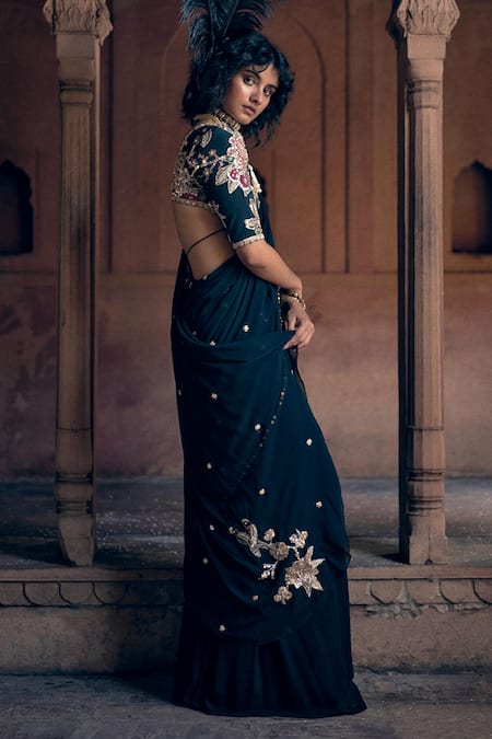 Paulmi And Harsh_Black Georgette, Crepe, Chanderi Sequins, Hand Pre-draped Saree And Blouse Set _at_Aza_Fashions