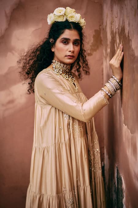 Paulmi And Harsh Beige Modal, Silk Applique, Embroidery V-neck Zardozi Anarkali Online at Aza Fashions Paulmi And Harsh_Beige Modal, Silk Applique, Embroidery V-neck Zardozi Anarkali _Online_at_Aza_Fashions