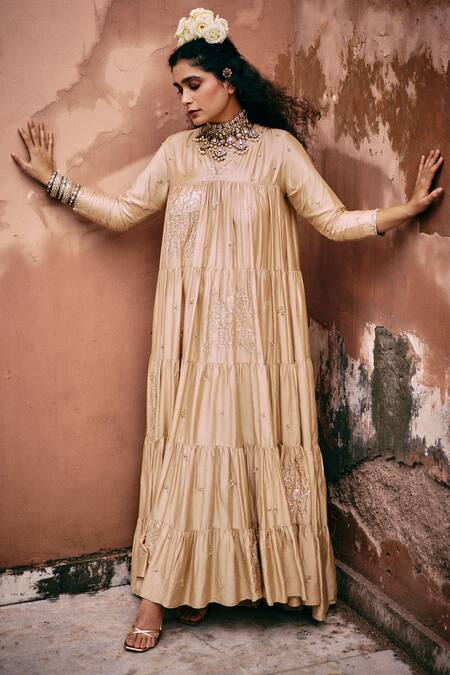 Shop Paulmi And Harsh Beige Modal, Silk Applique, Embroidery V-neck Zardozi Anarkali Online at Aza Fashions Shop_Paulmi And Harsh_Beige Modal, Silk Applique, Embroidery V-neck Zardozi Anarkali _Online_at_Aza_Fashions