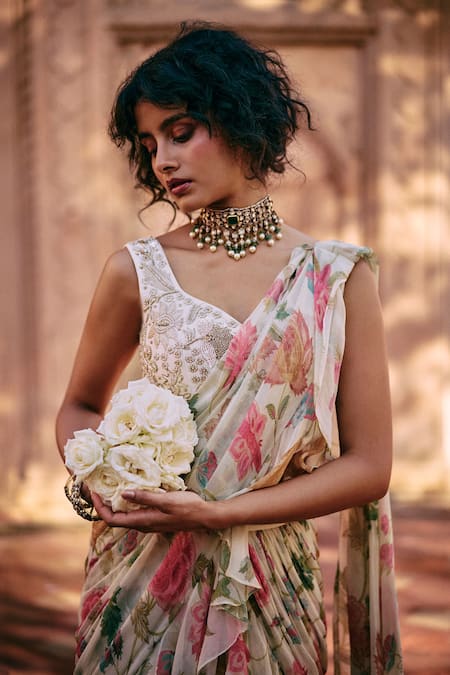 Buy_Paulmi And Harsh_Multi Color Chiffon, Silk Embroidery, Zari Printed Pre-draped Saree With Blouse _Online_at_Aza_Fashions