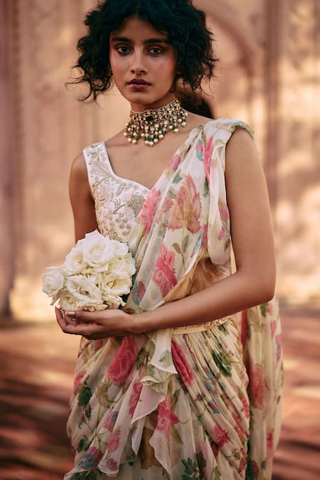 Shop_Paulmi And Harsh_Multi Color Chiffon, Silk Embroidery, Zari Printed Pre-draped Saree With Blouse _Online_at_Aza_Fashions