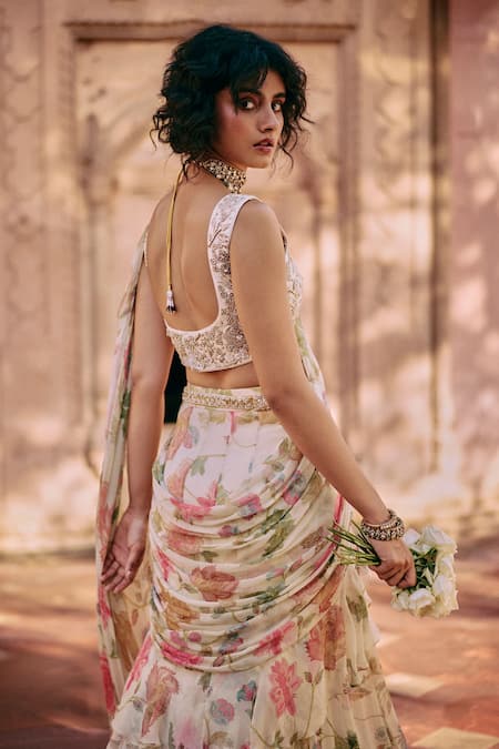 Paulmi And Harsh_Multi Color Chiffon, Silk Embroidery, Zari Printed Pre-draped Saree With Blouse _at_Aza_Fashions