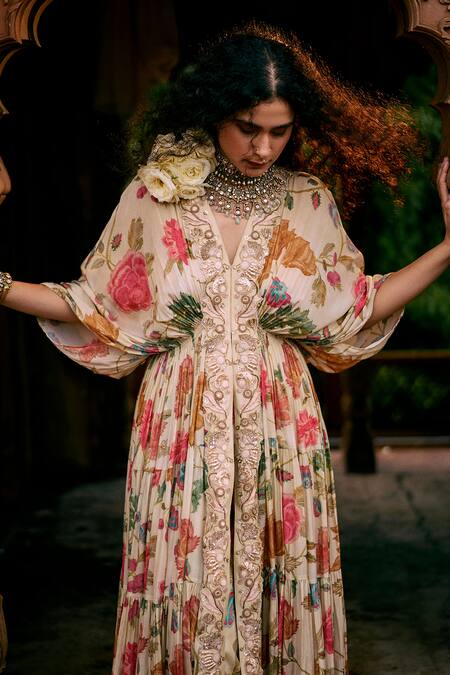 Buy Paulmi And Harsh Multi Color Crepe, Chanderi Silk Zari Plunge Flip Bird Print Kaftan And Pant Set Online at Aza Fashions Buy_Paulmi And Harsh_Multi Color Crepe, Chanderi Silk Zari Plunge Flip Bird Print Kaftan And Pant Set _Online_at_Aza_Fashions