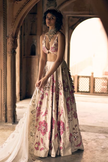 Buy_Paulmi And Harsh_Ivory Chanderi Silk, Organza Embroidery, Sequins, Floral Print Lehenga Set _Online_at_Aza_Fashions