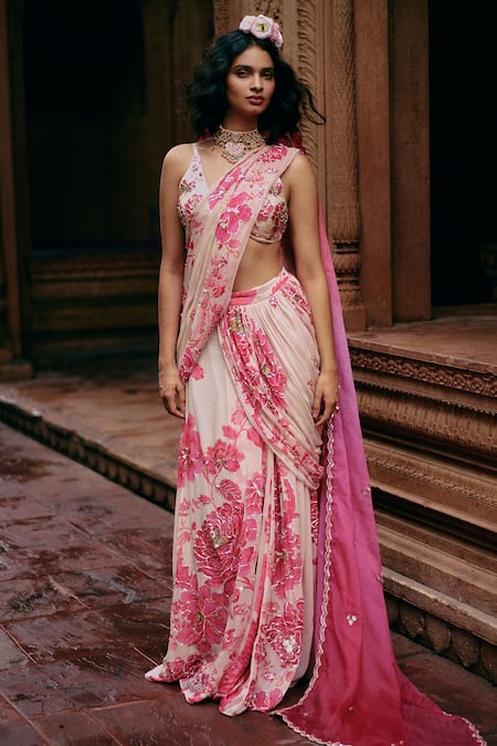 Paulmi and Harsh Floral Print Pre-Draped Saree With Blouse 