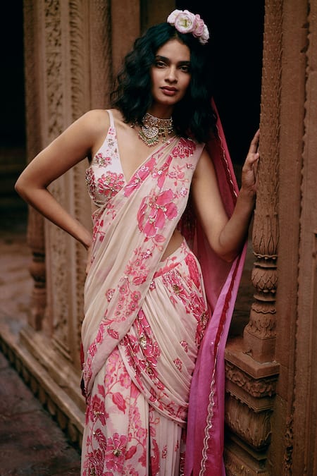 Paulmi And Harsh Ivory Chiffon, Georgette, Chanderi Floral Print Pre-draped Saree With Blouse Online at Aza Fashions Paulmi And Harsh_Ivory Chiffon, Georgette, Chanderi Floral Print Pre-draped Saree With Blouse _Online_at_Aza_Fashions