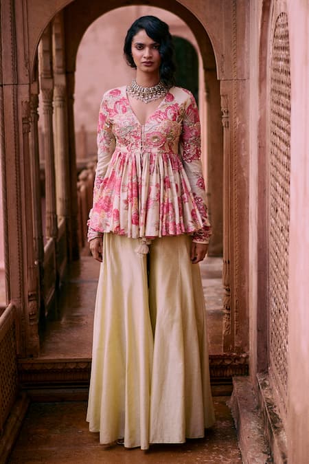 Paulmi and Harsh Ivory Top Chiniya Silk Printed Blooming Floral V Neck Peplum And Palazzo Set 