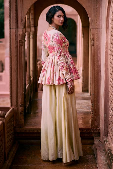 Paulmi And Harsh Blooming Floral Print Peplum Top & Palazzo Set 