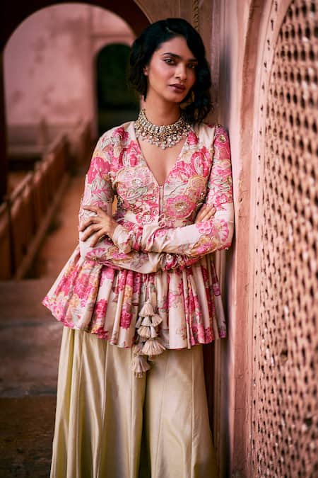 Buy_Paulmi And Harsh_Ivory Silk, Cotton Embroidery, Blooming Floral Print Peplum Top And Palazzo Set _Online_at_Aza_Fashions