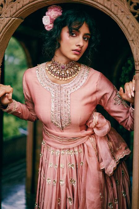 Buy_Paulmi And Harsh_Pink , Silk, Chiffon, Organza Zardozi Anarkali Skirt Set _Online_at_Aza_Fashions
