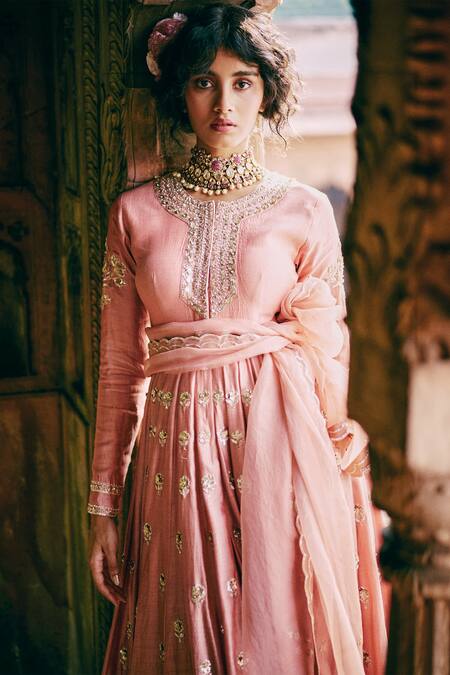 Shop_Paulmi And Harsh_Pink , Silk, Chiffon, Organza Zardozi Anarkali Skirt Set _Online_at_Aza_Fashions