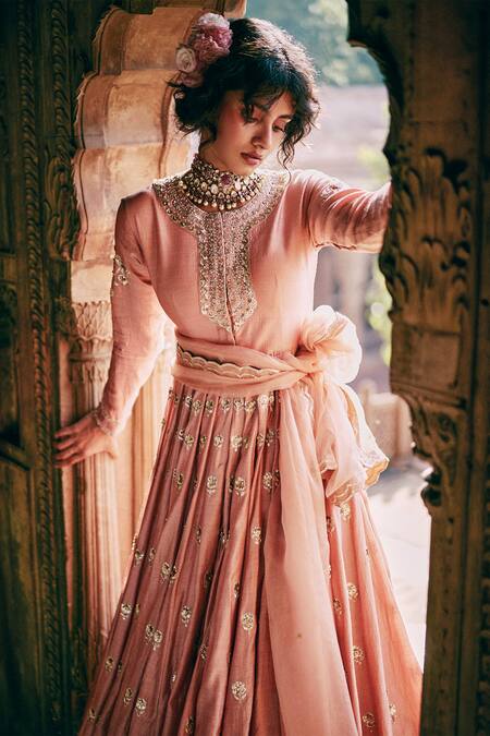 Paulmi And Harsh_Pink , Silk, Chiffon, Organza Zardozi Anarkali Skirt Set _at_Aza_Fashions