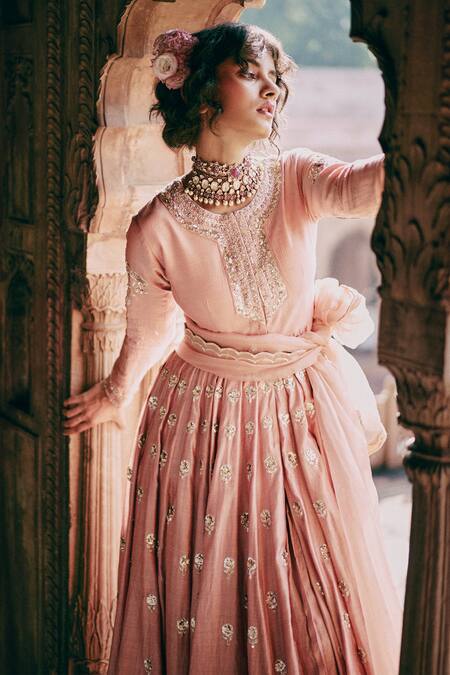 Buy_Paulmi And Harsh_Pink , Silk, Chiffon, Organza Zardozi Anarkali Skirt Set 