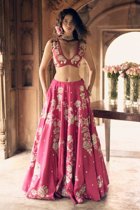 Paulmi and Harsh Pink Chiniya Silk Embroidery Zardozi Plunge V Floral Bridal Lehenga Blouse Set 