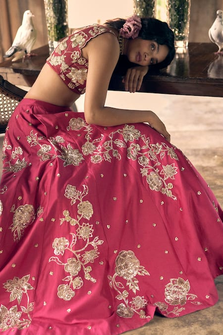 Buy_Paulmi And Harsh_Pink Satin, Chanderi Silk Sequins, Floral Embroidered Bridal Lehenga Blouse Set _Online_at_Aza_Fashions