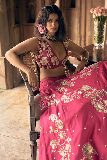 Shop_Paulmi And Harsh_Pink Satin, Chanderi Silk Sequins, Floral Embroidered Bridal Lehenga Blouse Set _Online_at_Aza_Fashions