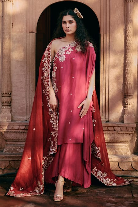 Paulmi and Harsh Pink Modal Silk Embroidery Zardozi Asymmetric One Shoulder Tunic And Palazzo Set 