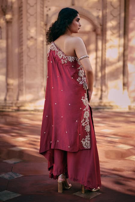 Shop Paulmi And Harsh Pink Modal, Silk Embroidery One Shoulder Tunic And Palazzo Set at Aza Fashions Shop_Paulmi And Harsh_Pink Modal, Silk Embroidery One Shoulder Tunic And Palazzo Set _at_Aza_Fashions
