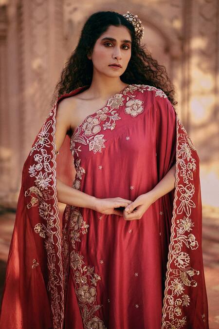 Paulmi And Harsh Pink Modal, Silk Embroidery One Shoulder Tunic And Palazzo Set Online at Aza Fashions Paulmi And Harsh_Pink Modal, Silk Embroidery One Shoulder Tunic And Palazzo Set _Online_at_Aza_Fashions