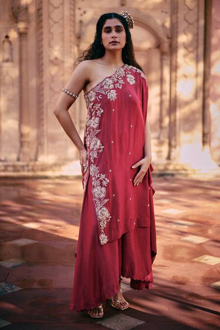 Buy Paulmi And Harsh Pink Modal, Silk Embroidery One Shoulder Tunic And Palazzo Set Online at Aza Fashions Buy_Paulmi And Harsh_Pink Modal, Silk Embroidery One Shoulder Tunic And Palazzo Set _Online_at_Aza_Fashions