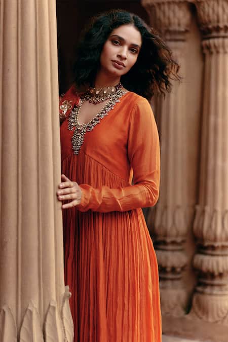 Paulmi And Harsh_Orange Chanderi, Satin, Brocade Zari, Pleated Anarkali Set With Dupatta _Online_at_Aza_Fashions
