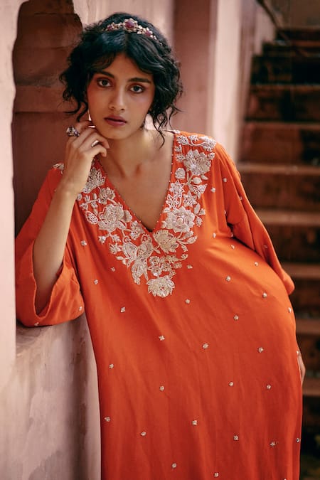 Shop_Paulmi And Harsh_Orange Modal, Satin, Organza Embroidery Plunge Neck Zardozi Kaftan Kurta Set _Online_at_Aza_Fashions