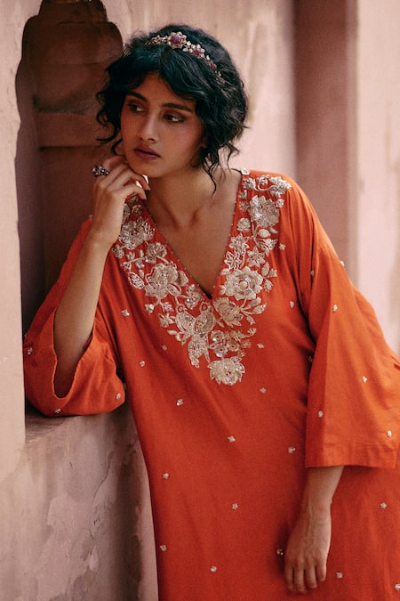 Paulmi And Harsh_Orange Modal, Satin, Organza Embroidery Plunge Neck Zardozi Kaftan Kurta Set _at_Aza_Fashions