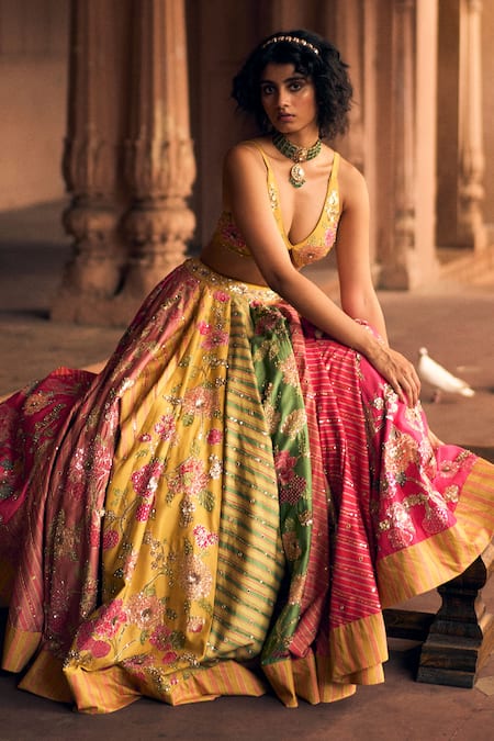 Buy_Paulmi And Harsh_Multi Color Satin, Chanderi, Organza Cut Work, Leheriya Print Lehenga Blouse Set _Online_at_Aza_Fashions