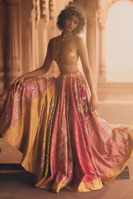 Shop_Paulmi And Harsh_Multi Color Satin, Chanderi, Organza Cut Work, Leheriya Print Lehenga Blouse Set _Online_at_Aza_Fashions