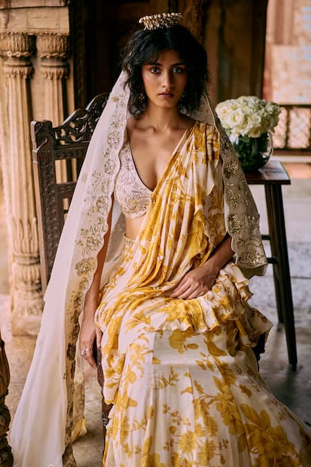 Buy_Paulmi And Harsh_Yellow Chiffon Embroidery, Zari Printed Pre-draped Ruffle Saree With Blouse _Online_at_Aza_Fashions