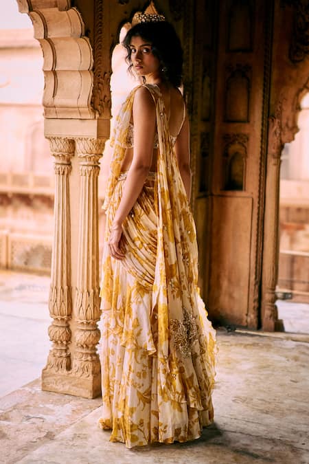 Shop_Paulmi And Harsh_Yellow Chiffon Embroidery, Zari Printed Pre-draped Ruffle Saree With Blouse _Online_at_Aza_Fashions