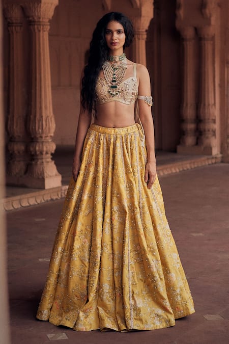 Paulmi and Harsh Yellow Lehenga Jacquard Woven Floral Sweetheart Neck And Blouse Set 