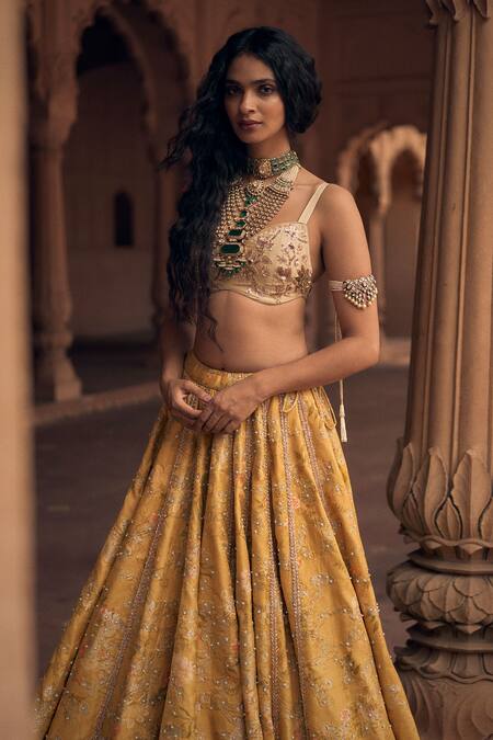Paulmi And Harsh_Yellow Jacquard, Satin Pearls, Lace Sweetheart Floral Woven Lehenga And Blouse Set _Online_at_Aza_Fashions