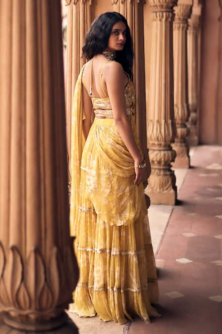 Paulmi And Harsh Vintage Floral Print Pre-Draped Saree With Blouse 