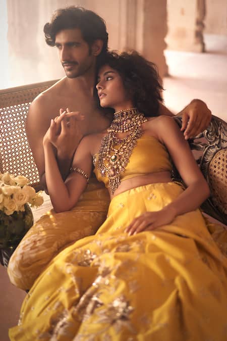 Paulmi And Harsh_Yellow , Silk, Satin, Organza Embroidery Zardozi Lehenga Set _Online_at_Aza_Fashions