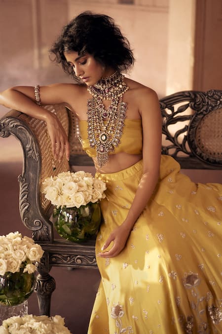 Buy_Paulmi And Harsh_Yellow , Silk, Satin, Organza Embroidery Zardozi Lehenga Set _Online_at_Aza_Fashions