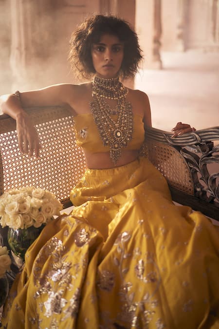 Shop_Paulmi And Harsh_Yellow , Silk, Satin, Organza Embroidery Zardozi Lehenga Set _Online_at_Aza_Fashions