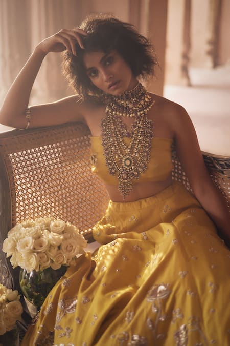 Paulmi And Harsh_Yellow , Silk, Satin, Organza Embroidery Zardozi Lehenga Set _at_Aza_Fashions