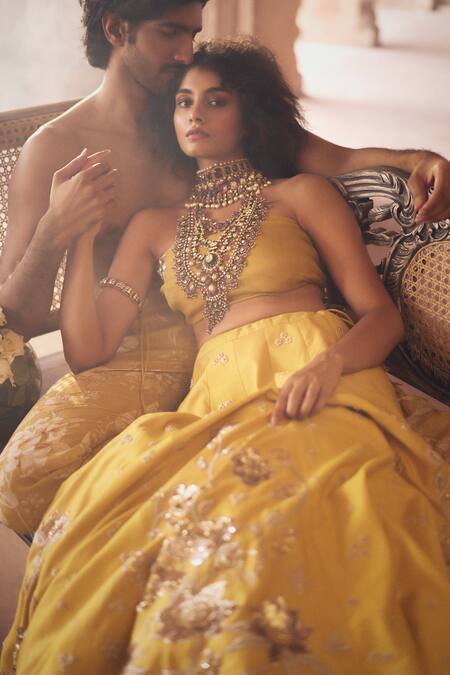 Shop_Paulmi And Harsh_Yellow , Silk, Satin, Organza Embroidery Zardozi Lehenga Set 