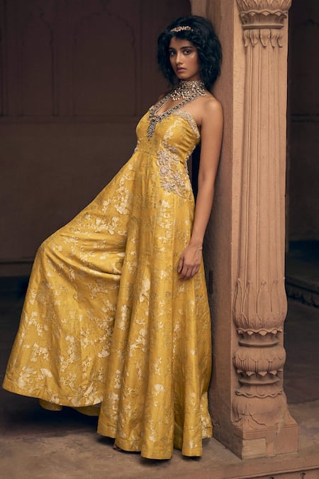 Buy Paulmi And Harsh Yellow Net, Jacquard, Linen Embroidery Sweetheart Neck Floral Woven Jumpsuit Online at Aza Fashions Buy_Paulmi And Harsh_Yellow Net, Jacquard, Linen Embroidery Sweetheart Neck Floral Woven Jumpsuit _Online_at_Aza_Fashions