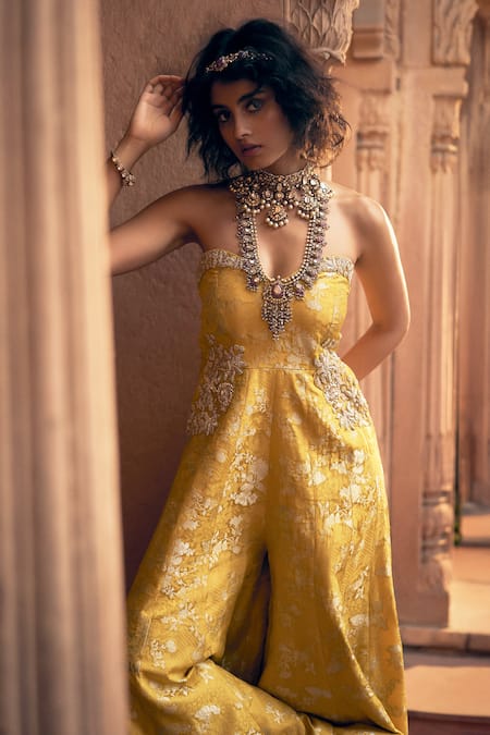 Shop Paulmi And Harsh Yellow Net, Jacquard, Linen Embroidery Sweetheart Neck Floral Woven Jumpsuit Online at Aza Fashions Shop_Paulmi And Harsh_Yellow Net, Jacquard, Linen Embroidery Sweetheart Neck Floral Woven Jumpsuit _Online_at_Aza_Fashions