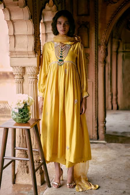 Paulmi and Harsh Yellow Anarkali And Pant Modal Silk Embroidery Aari V Neck Zardozi Work Set 