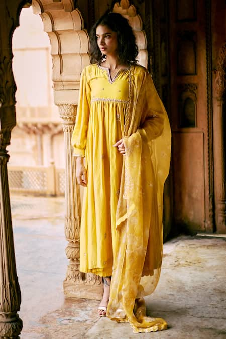 Shop Paulmi And Harsh Yellow Modal, Silk, Organza Embroidery V-neck Zardozi Work Anarkali Pant Set at Aza Fashions Shop_Paulmi And Harsh_Yellow Modal, Silk, Organza Embroidery V-neck Zardozi Work Anarkali Pant Set _at_Aza_Fashions