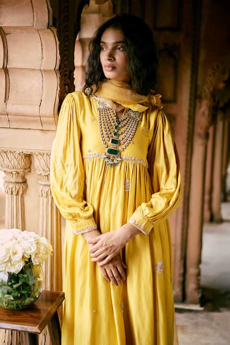 Paulmi And Harsh Yellow Modal, Silk, Organza Embroidery V-neck Zardozi Work Anarkali Pant Set Online at Aza Fashions Paulmi And Harsh_Yellow Modal, Silk, Organza Embroidery V-neck Zardozi Work Anarkali Pant Set _Online_at_Aza_Fashions