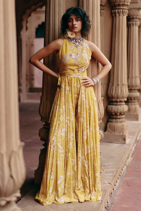 Paulmi and Harsh Yellow Crepe Printed Roop Bird Flip Round Jumpsuit With Belt 