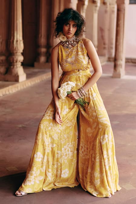 Buy_Paulmi And Harsh_Yellow Crepe, Linen Embroidery, Zari Roop Flip Bird Print Jumpsuit With Belt _Online_at_Aza_Fashions