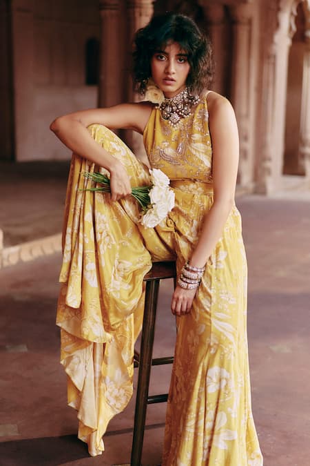 Shop_Paulmi And Harsh_Yellow Crepe, Linen Embroidery, Zari Roop Flip Bird Print Jumpsuit With Belt _Online_at_Aza_Fashions