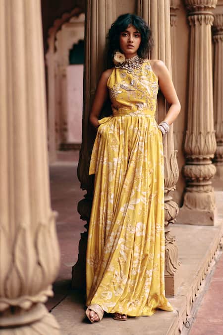 Paulmi And Harsh_Yellow Crepe, Linen Embroidery, Zari Roop Flip Bird Print Jumpsuit With Belt _at_Aza_Fashions